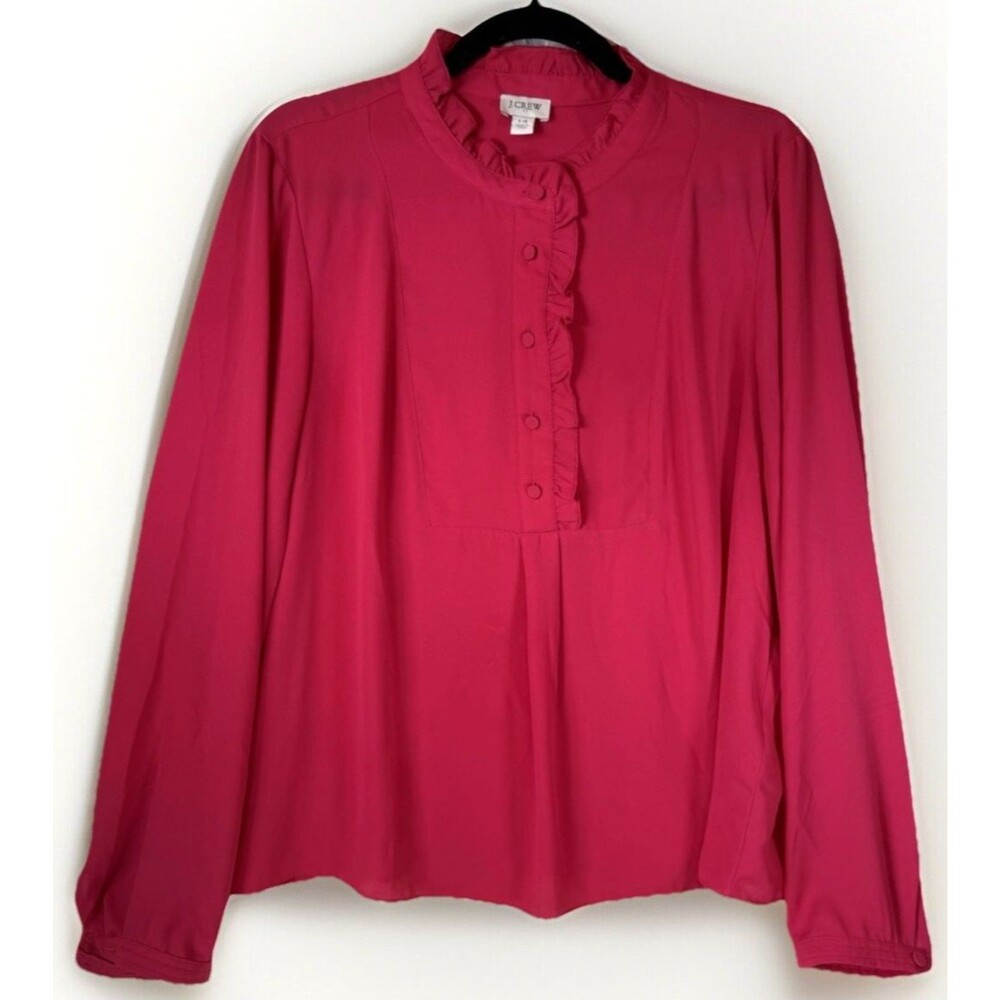 J. Crew Factory Hot Pink Ruffle Front Long Sleeve Blouse